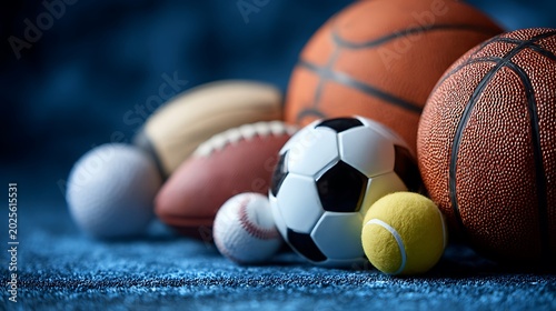 Collection of various sports balls arranged on a textured surface.