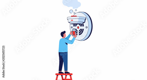 Man replaces battery in ceiling-mounted smoke detector on a stepladder