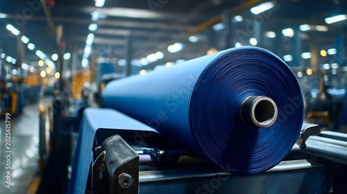 Large Roll of Blue Fabric in a Modern Industrial Textile Factory.