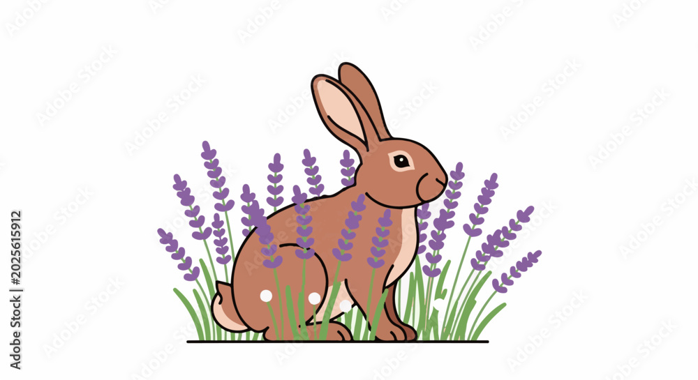 Fototapeta premium Cute cartoon rabbit sits in a field of purple lavender flowers