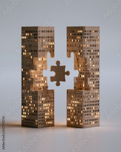 Two office towers joining as merger concept