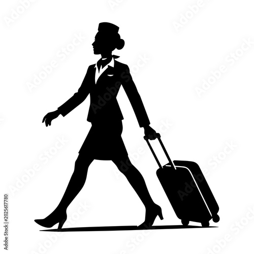 Dynamic Silhouette of a Flight Attendant Pulling a Luggage Suitcase