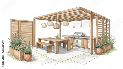 Wooden pergola with table, grill, and hanging lights