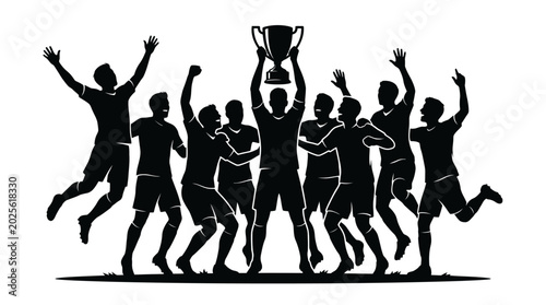 Foto Sports victory, team celebration, trophy winners, black silhouette icons isolate