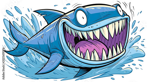 A high-energy, comic-style illustration of a manic blue shark with a giant, toothy grin leaping through a massive splash of ocean water, bursting with dynamic movement and personality