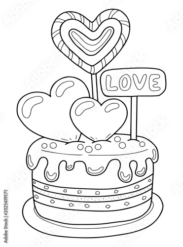 Heart cake coloring page. Hand drawn vector line. Sweet food of love. Pastry, sponge cake with cream for a date with lovers. Coloring book illustration for children and adults.