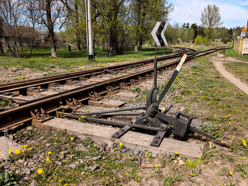 Turnout switch, railway tracks and rails close