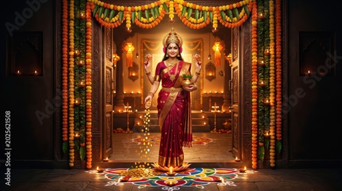 Goddess lakshmi standing in a decorated doorway for diwali