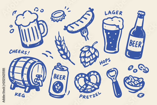 Beer and Oktoberfest Snacks Set Blue Doodle Sketch Vector
