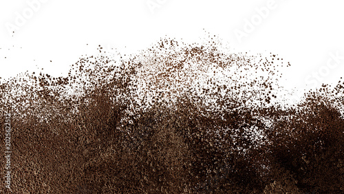 Brown dirt or ground like particles splashing on transparent background. 3d render