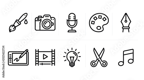 black and white creative worker icon set featuring paint brush, camera, microphone, palette, pen tool, tablet, video editing, light bulb, scissors, music note, minimal outline vector style