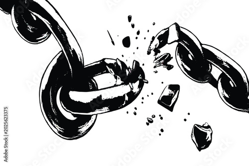 breaking chain silhouette black and white graphic illustration on white background