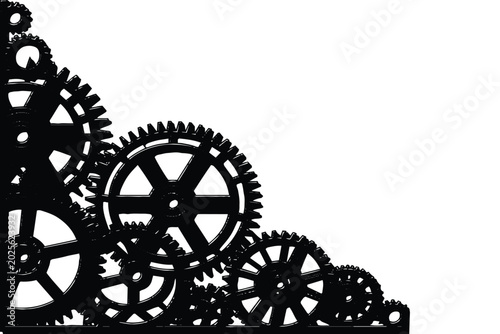 Black gear collection silhouette against a white background mechanical clockwork design