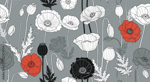 Seamless poppy flower pattern with red and white blossoms on a gray background for fabric or wallpaper design.