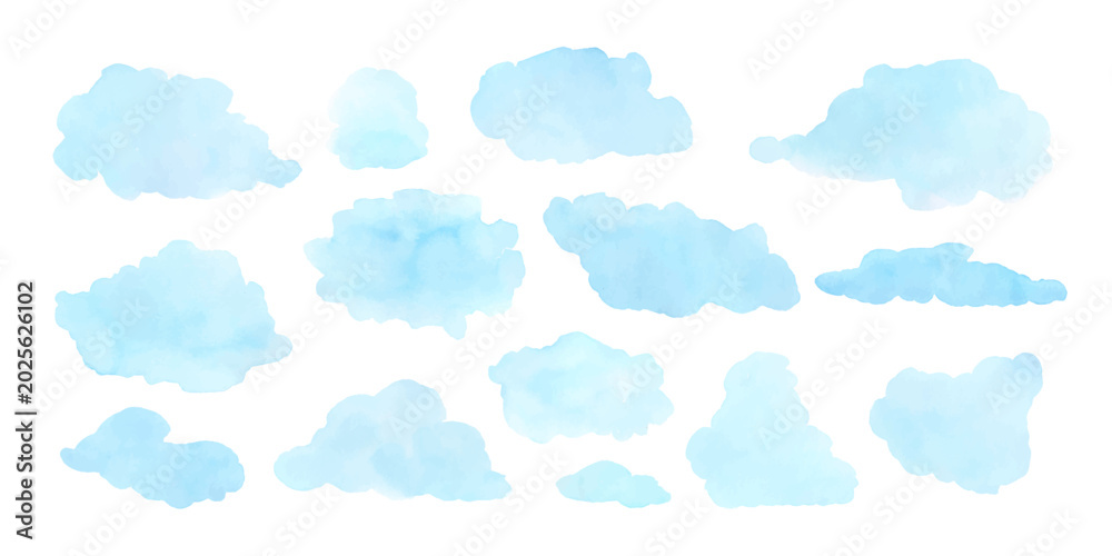 Obraz premium Soft blue watercolor clouds float across white vector illustration set, perfect for dreamy sky designs, abstract art projects, and elegant creative backdrops with gentle brush strokes collection.