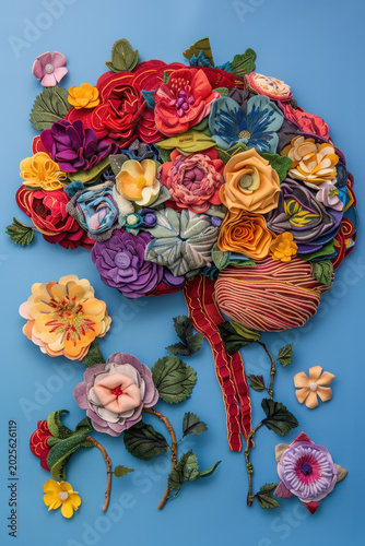 Colorful floral brain art on blue background for mental health and creativity concept