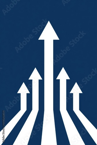 Five white arrows pointing upwards on a dark blue background representing business growth success and progress