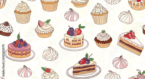 Delicious seamless pattern with various cakes, cupcakes, pastries, and meringues decorated with fresh berries and cream.