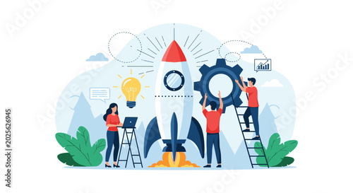 Business concept of a successful startup launch with team members working together to prepare a rocket for takeoff on a white background.