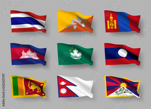 A set of 9 vector flag icons of Asian countries with shadows, isolated on grey background. 3D styled design elements from world collection created using gradient mesh