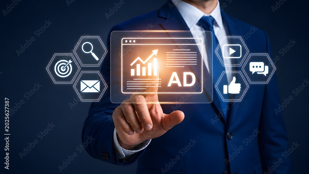 Obraz premium Futuristic ad campaign interface with social media marketing and analytics icons