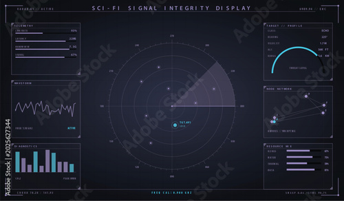 Futuristic heads up display hud interface with radar and data analytics vector illustration