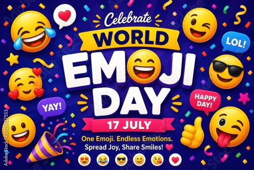 Celebrate world emoji day on july 17 with colorful happy faces and festive confetti background for social media holiday greeting card design concept