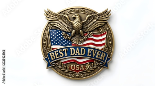 Golden eagle emblem with USA flag and Best Dad Ever text isolated on white background