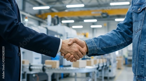 Businessmen in handshake gesture within industrial facility signifying successful partnership and business collaboration and manufacturing environment.