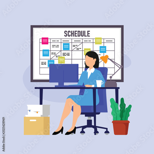 Bild auf Leinwand Businesswoman working at office desk with large project schedule planner board 2