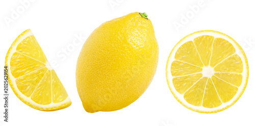 Foto Lemon fruits set, slice and half isolated on a white background, Fresh and Juicy lemons collection