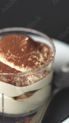Homemade tiramisu with layers of sponge cake, mascarpone, and chocolate topping