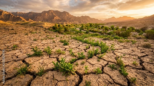 Dramatic landscape of a desert transforming into fertile land