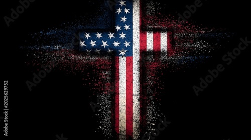 A striking image of a cross adorned with the American flag, symbolizing the intersection of faith and patriotism. A vivid representation of belief.