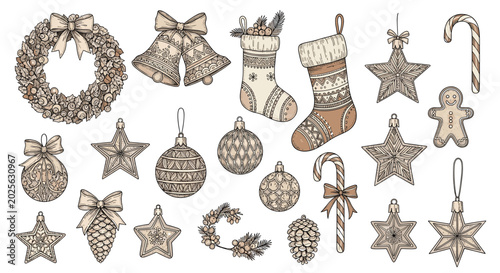 Detailed set of hand drawn Christmas ornaments including wreath bells stockings and stars for classic holiday card and decoration designs.