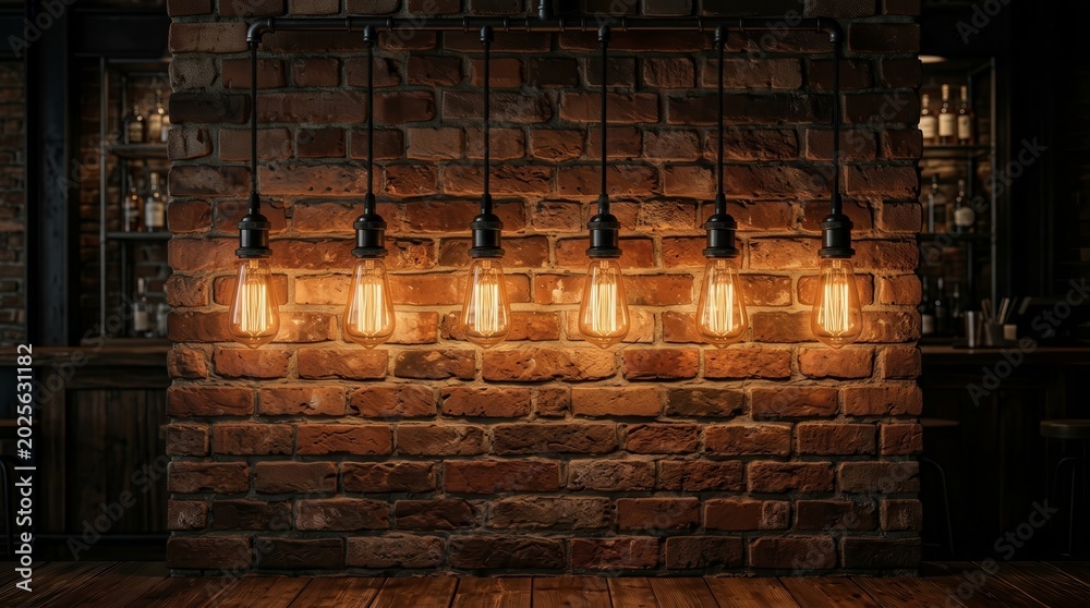 Fototapeta premium Dimly lit bar interior featuring a rustic vintage brick wall and industrial elements.