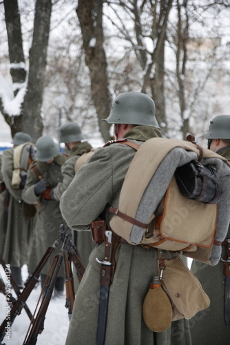 Historical Soldier with Backpack in the Snow