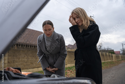Tablou pe pânză Two women stood next to a broken car with the hood open, looking anxiously under