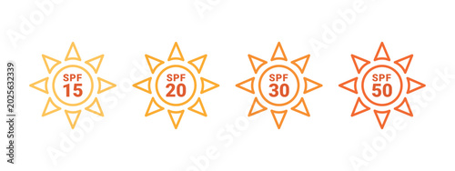 SPF level icon set, sun protection spf 15, 20, 30, 50, vector stickers