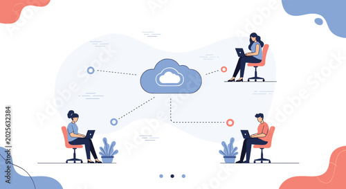 Group of people working on laptops remotely connected to a central cloud icon for global networking and digital collaboration.