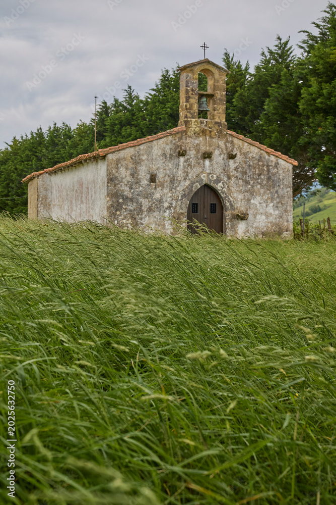 Fototapeta premium Old rural chapel surrounded by trees and grass.