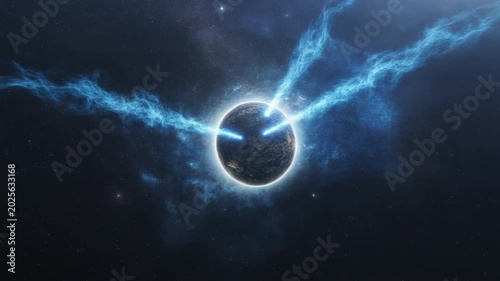 Dark celestial body emitting powerful blue energy beams into the vast, star-filled cosmic space, surrounded by a glowing aura.