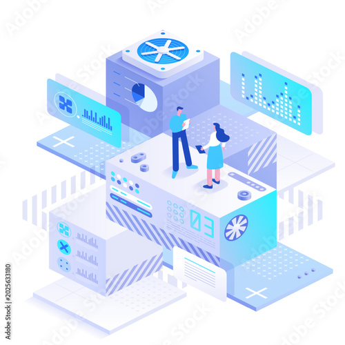 Collaborative technology platform with isometric server module, active charts and business users, illustrating data management, teamwork, system monitoring and digital operations.