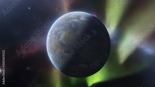 A distant exoplanet with a grey-blue surface and vibrant green aurora lights in the dark expanse of space.