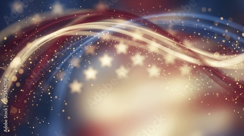 Dynamic abstract American flag background with flowing light trails, sparkling particles, and glowing stars.