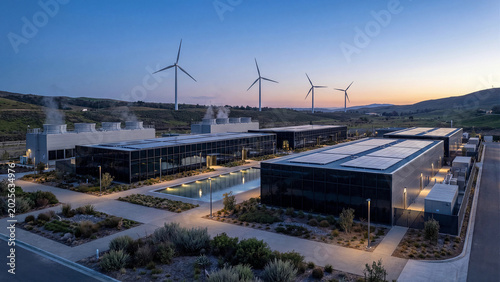 Modern sustainable data center with rooftop solar panels cooling towers glass buildings and wind turbines on hills at twilight cloud computing renewable energy infrastructure concept view