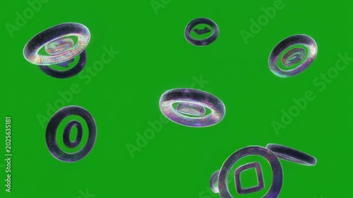 Metallic rings with reflective surfaces and symbols floating against a vibrant green screen background.