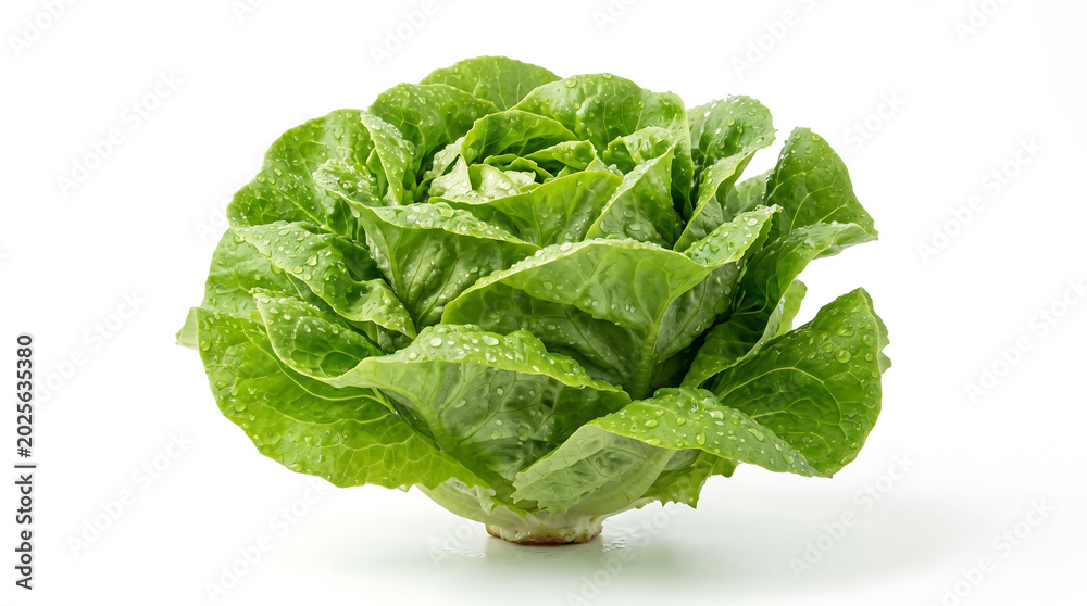 Fototapeta premium Single fresh organic green lettuce head with water droplets, healthy and nutritious food ingredient on white