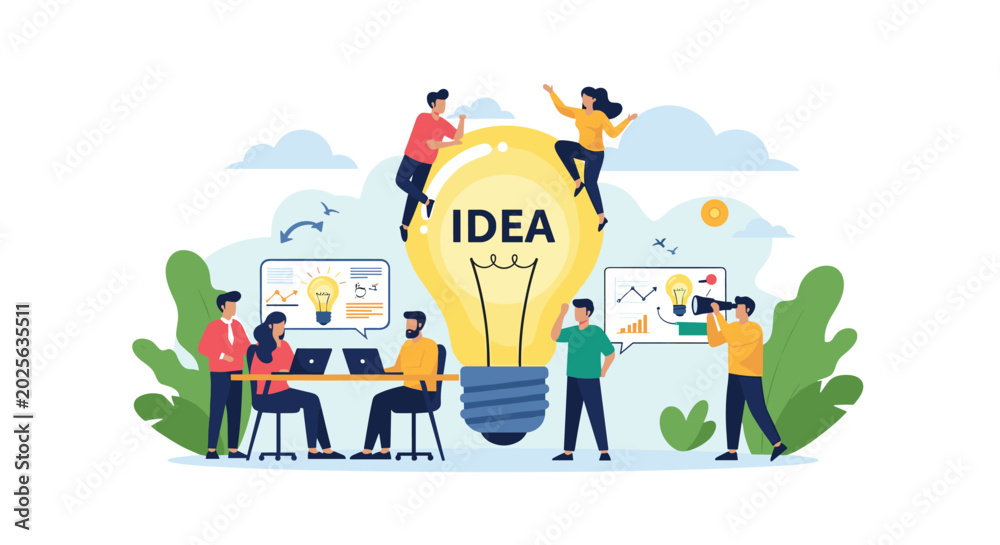 Fototapeta premium Team of creative business people collaborating around a giant glowing light bulb with the word IDEA for innovation concepts.
