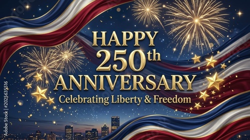 Happy 250th Anniversary, Celebrating Liberty & Freedom with Fireworks and American Flags